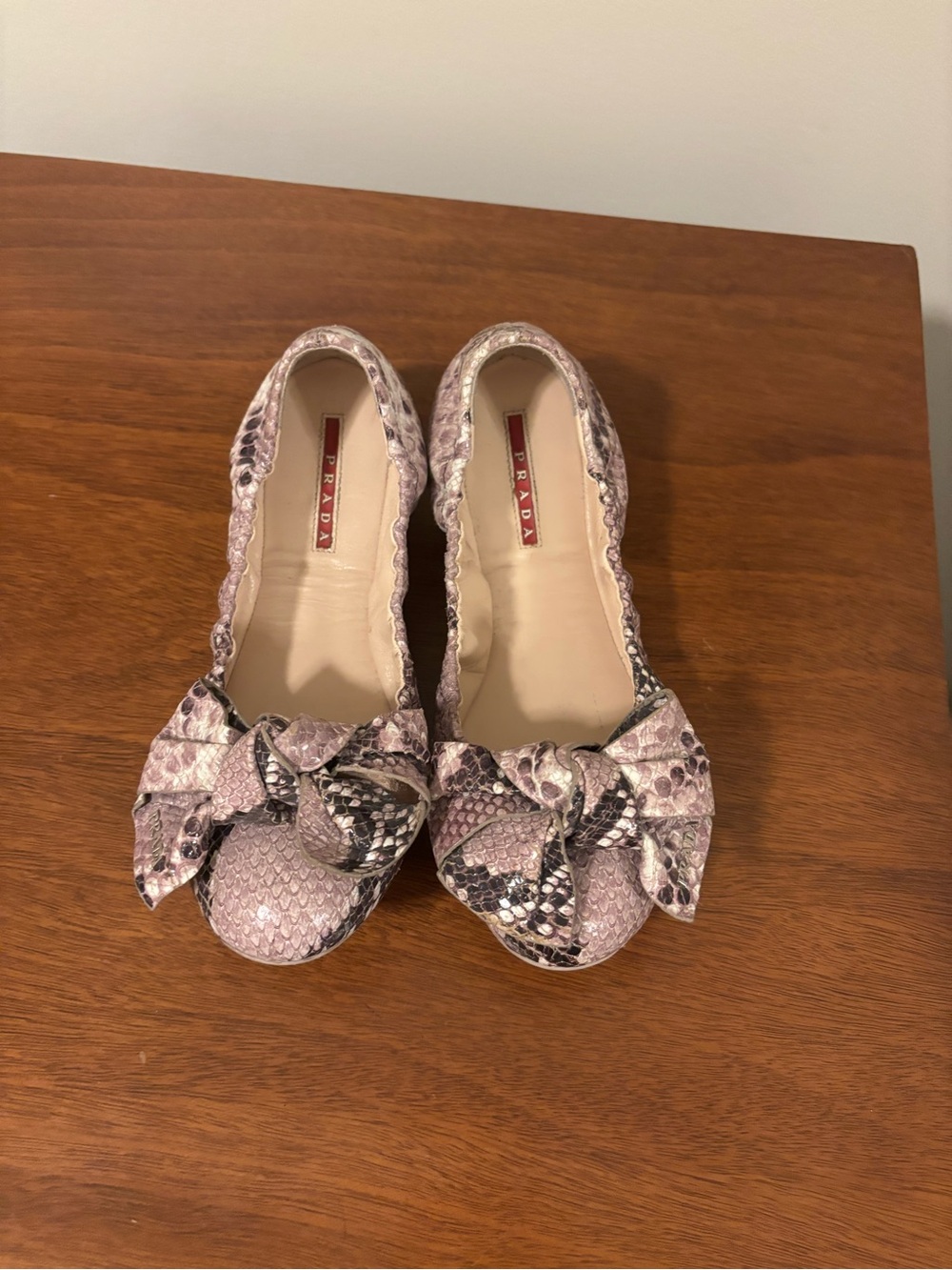 Prada Snake-Print Bow Ballet Flats